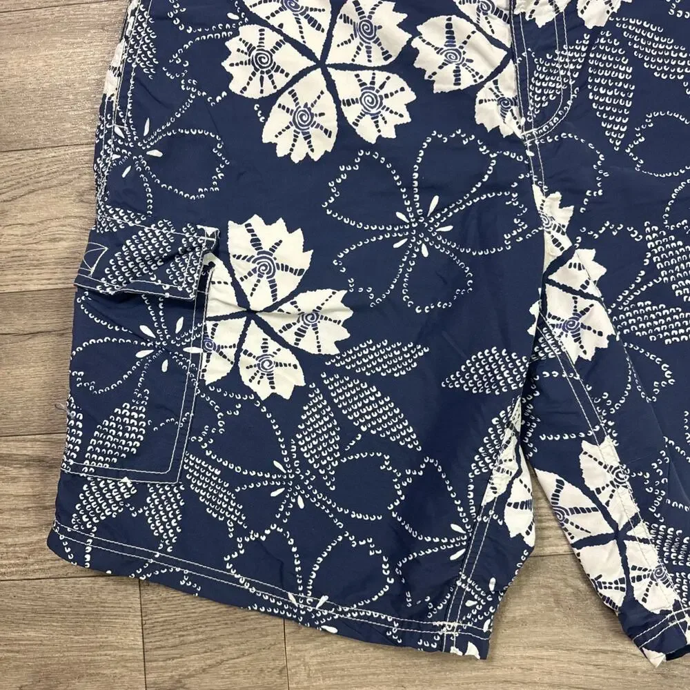 Hickey Freeman Swim Trunks Board Shorts Navy Blue Print Pattern sz L